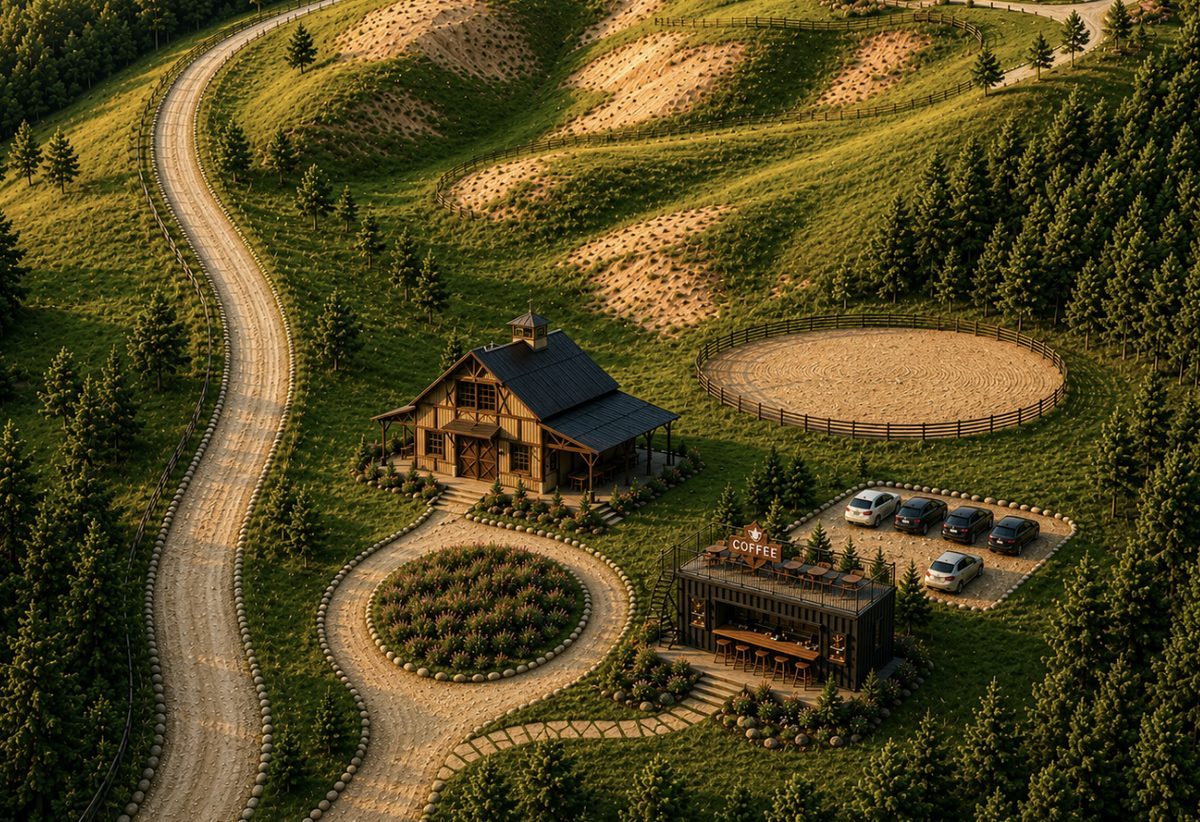 Aerial rendering of the barn and arena