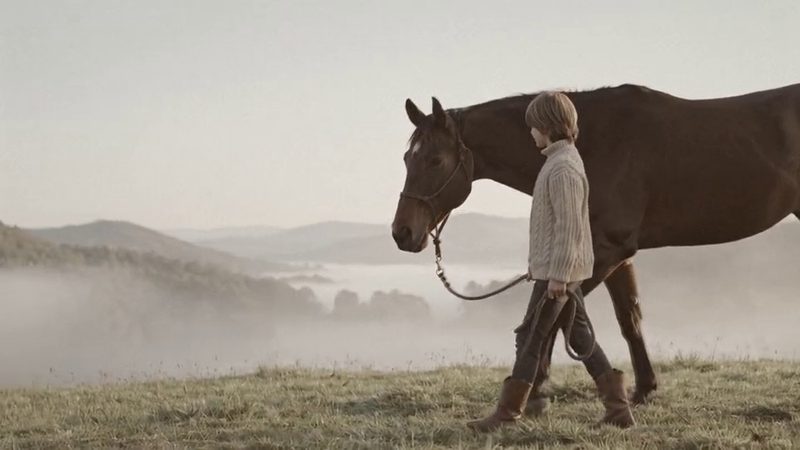 A child walking a horse on a slack lead rope above a misty valley