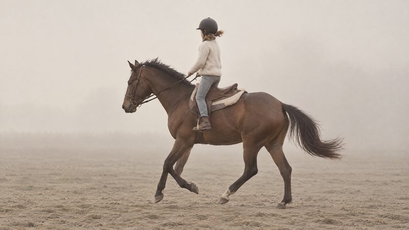 A child in a helmet riding a bay horse at a canter through morning fog