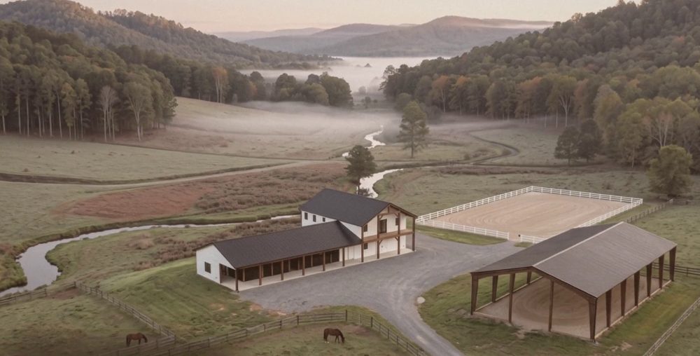 Concept rendering of the ranch in its valley: a horse barn, a riding arena and a future covered arena beside Celia Creek