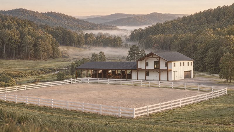Concept rendering of the outdoor riding arena in front of the barn