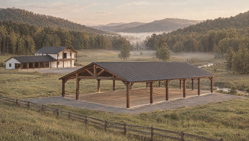 Concept rendering of the open-sided timber covered arena