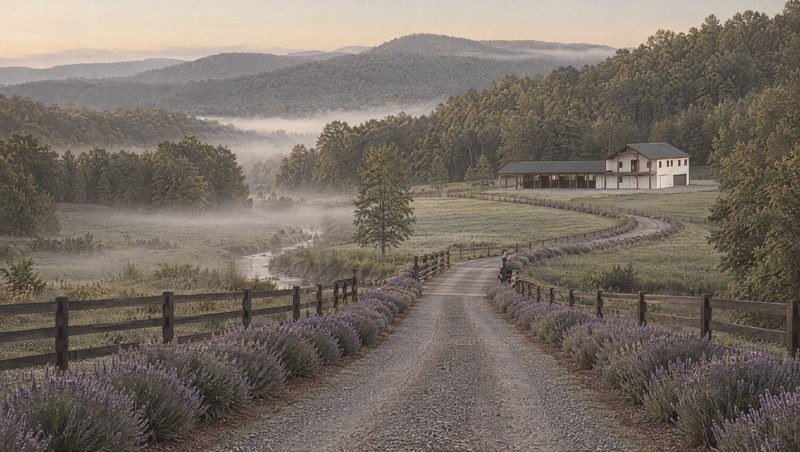 Concept rendering of the entrance drive lined with lavender, crossing the creek