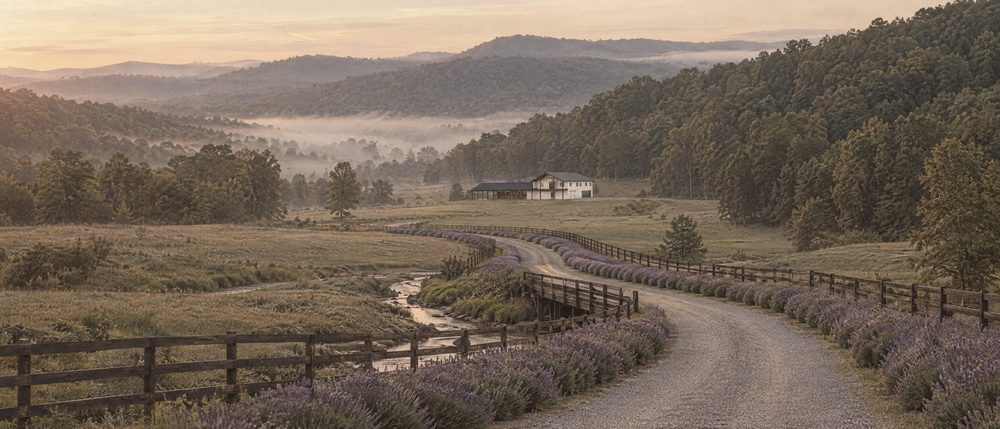 Concept rendering of a gravel drive lined with lavender, winding into a misty foothill valley toward the barn