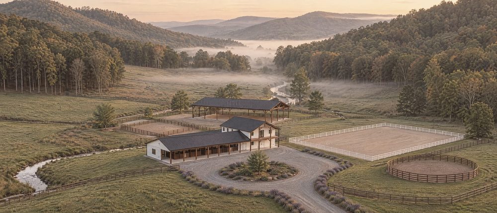 Concept rendering at dawn of the barn, covered arena, outdoor arena, round pen and lavender-lined loop drive in the valley