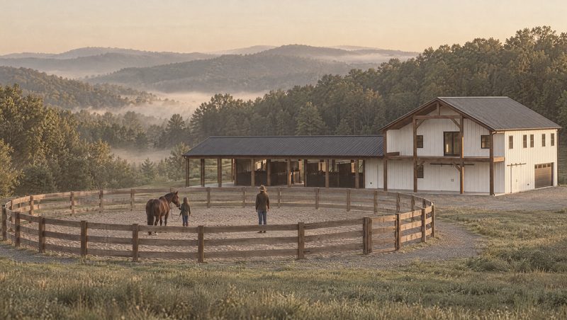 Concept rendering of the round pen beside the barn