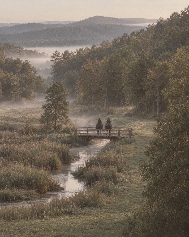 Concept rendering of two riders crossing a wooden footbridge over Celia Creek at dawn